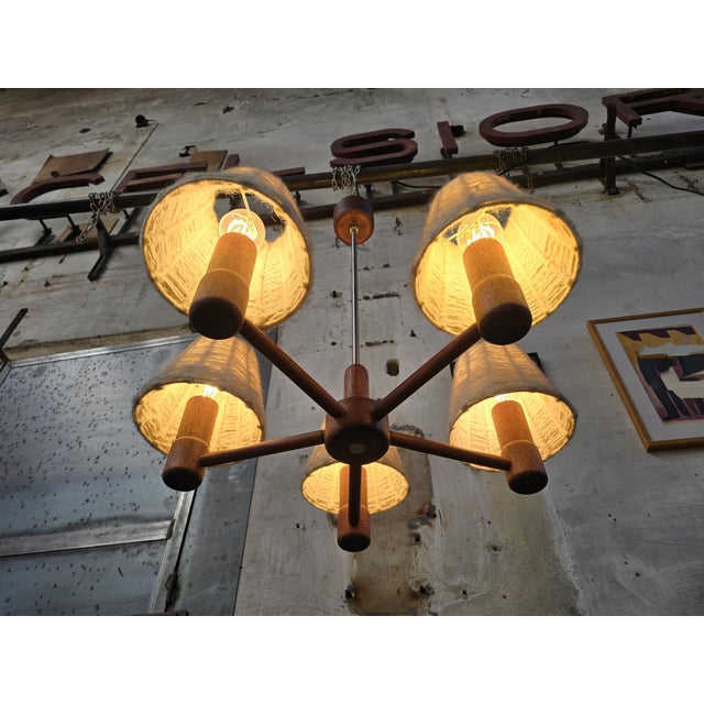 Wood Vintage Teak and Wool 5-Arm Ceiling Light from Domus, Germany, 1970s For Sale - Image 7 of 17