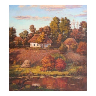 Ukrainian Impressionism Oil Painting: Autumn Rural Landscape, 1990 61-56 For Sale