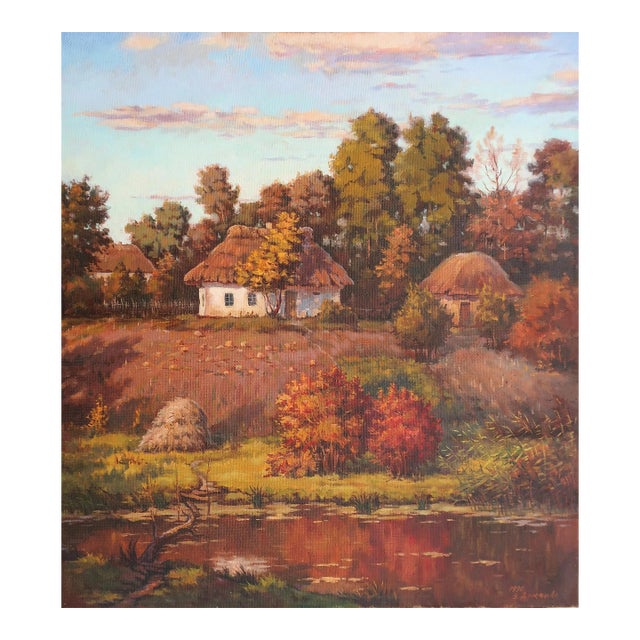 Ukrainian Impressionism Oil Painting: Autumn Rural Landscape, 1990 61-56 For Sale