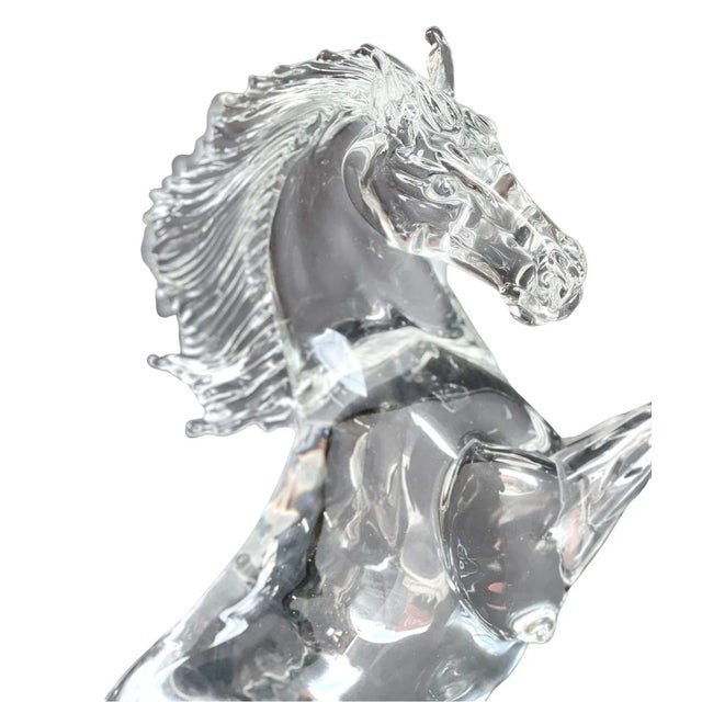 Clear Murano glass sculpture depicting a rearing horse by Arnaldo Zanella (signed). Dimensions: 23.5"H x 17"W x 7"D