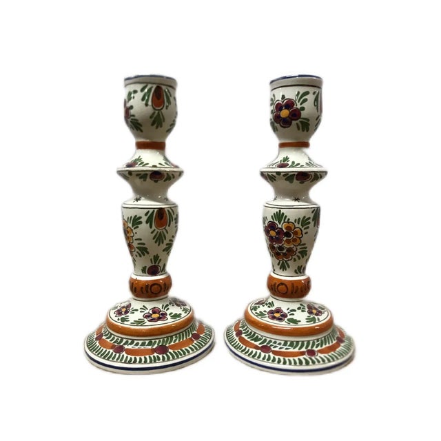 Pair of Vintage Delft Polychomatic Floral Candlestick Holders For Sale - Image 10 of 10