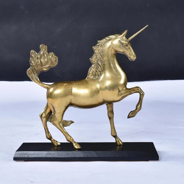 Wood Large Brass Unicorn Sculpture Figurine on Black Wood Base Nearly 22 Inch For Sale - Image 7 of 10