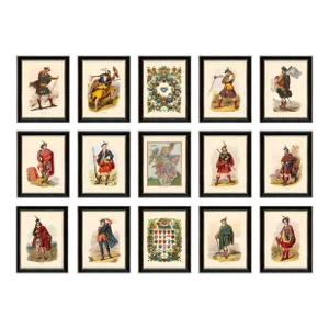 Scottish Highlander Grouping With Map and Crests Framed in Black Wood Veneer With Silver Edges - Set of 15