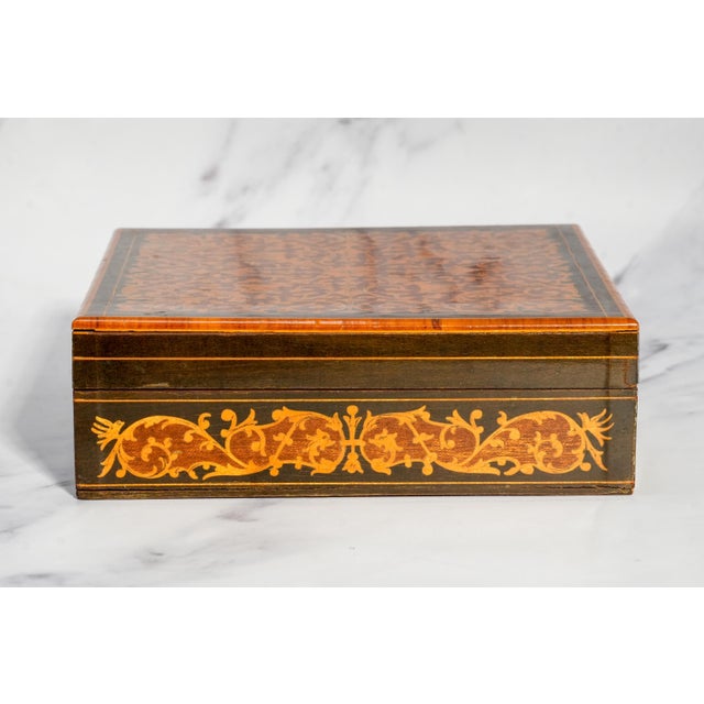 Intricate Patterned Large Antique Victorian Grand Tour Sorrento Ware Inlaid Wood Trinket Jewelry Box For Sale - Image 9 of 15