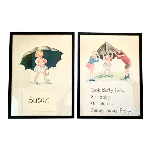 Vintage Framed Children’s Storybook Prints – Pair of Whimsical Nursery Illustrations For Sale