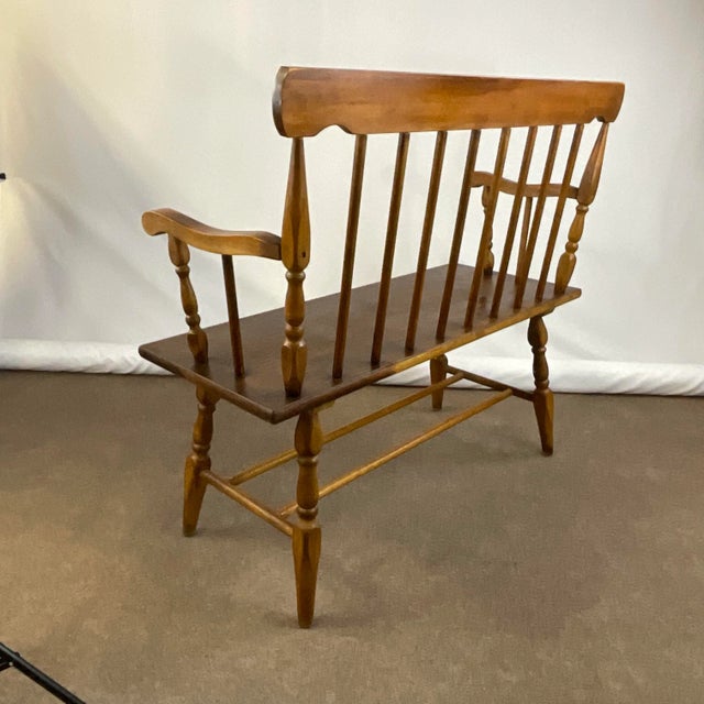 Wood 1970s Vintage Arts & Crafts Windsor Spindle Back Pine Bench. For Sale - Image 7 of 12