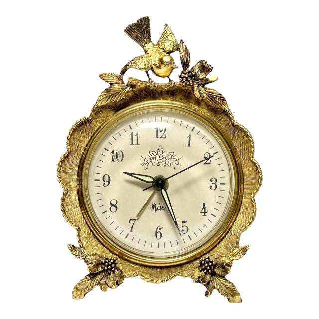 1960s Matson Ormolu Gold “Dogwood Flower & Bird” Electric Desk Clock For Sale