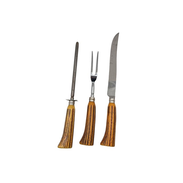 Art Deco era 3 pieces Carving set by E Parker & Sons in Sheffield England This 3 piece set features Bakelite antler style...