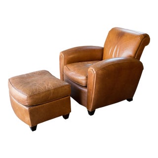 1990s Mitchell Gold Distressed Saddle Leather Chair and Ottoman For Sale
