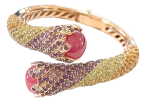 Bochic “Capri” Vintage Ruby< Sapphire & Multi Gem Bangle Set In 18K Gold & Silver