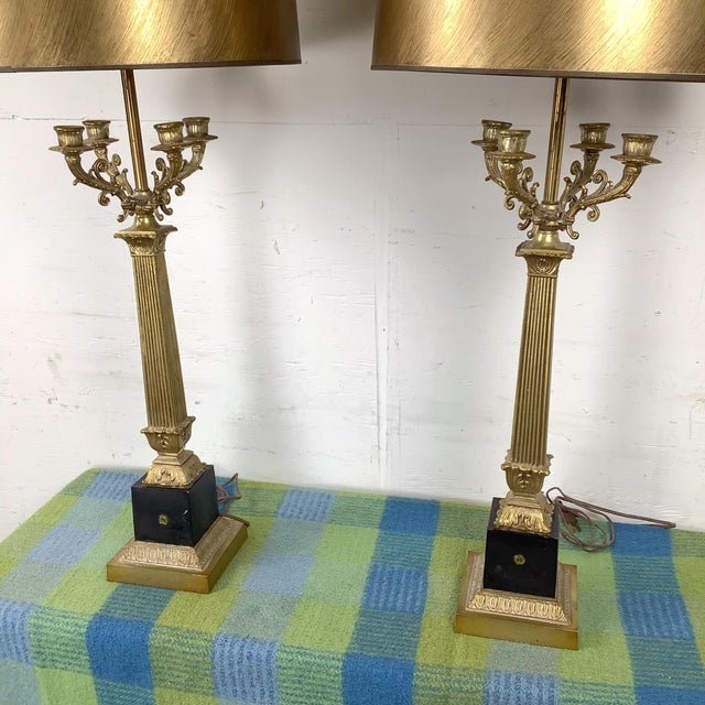 Mid 20th Century Mid 20th Century Pair of Neoclassical Brass Column Table Lamps in the Charles X Style With Candelabra Arms For Sale - Image 5 of 12
