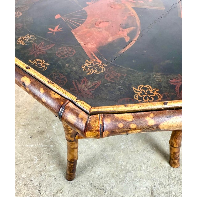 Late 19th Century English Chinoiserie Scorched Bamboo Hand Painted Octagonal Side / Occasional Table For Sale - Image 10 of 12