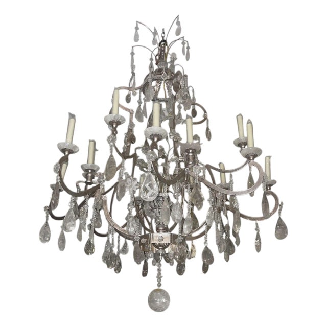 Large Vintage Italian Rock Crystal and Silver Leaf Chandelier, 20th Century. For Sale
