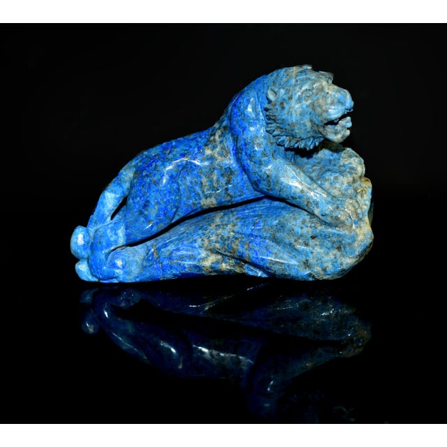 Traditional Natural Lapis Tiger Statue With Golden Pyrite Paperweight For Sale - Image 3 of 11