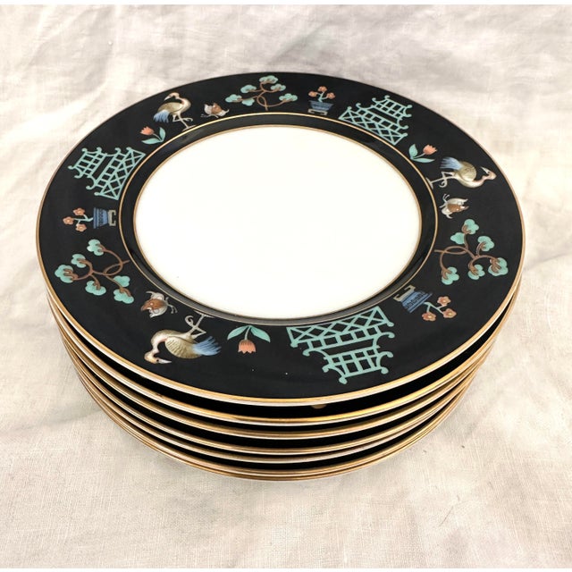 Beautiful set of 7 Fitz & Floyd MCML XXVIII FF41 stamped on back. Black band with pagoda, crane, floral print with gold...