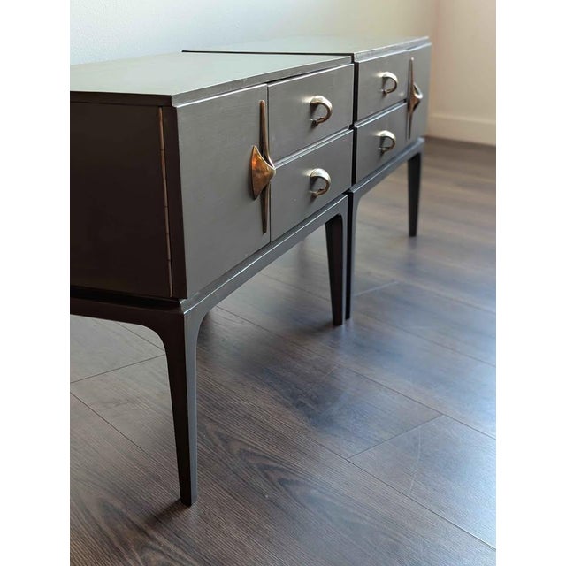 Mid Century Modern Pair of Grey Nightstands W/ Amazing Brass Hardware For Sale In Seattle - Image 6 of 10