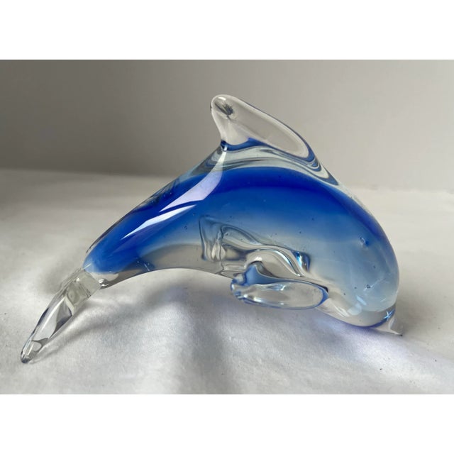 Nautical Italian Murano-Style Blue Sommerso Art Glass Dolphin Sculptures, Graduated Pair For Sale - Image 3 of 9