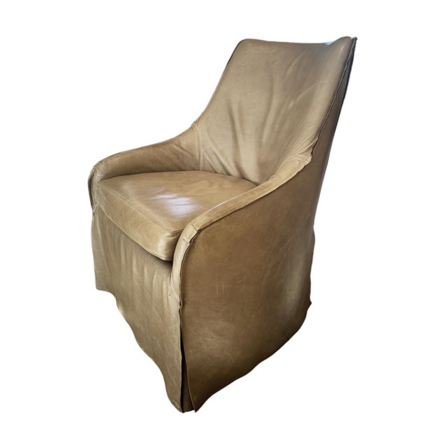 Pair of Taupe Leather, Skirted Slip-Covered Verellen Chairs on Casters For Sale - Image 9 of 14