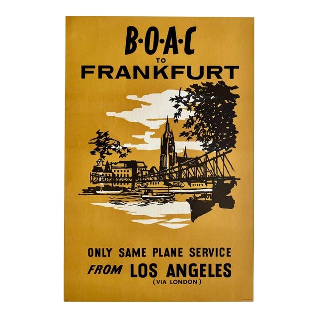 Boac Los Angeles to Frankfurt Orig 1957 British Airways Travel Poster Linen Backed Very Rare 20x30” For Sale