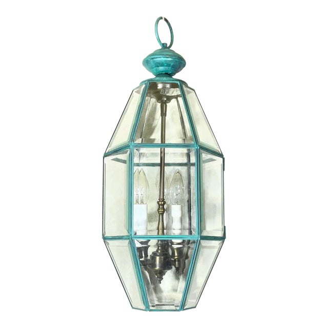 Vintage Hexagonal Solid Brass Hanging Lantern / Foyer Pendant Light 24”h X 10” W For Sale