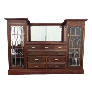 Solid Mahogany Entertainment Wall Unit With Leaded Glass Display Cabinets and 8 Drawers For Sale