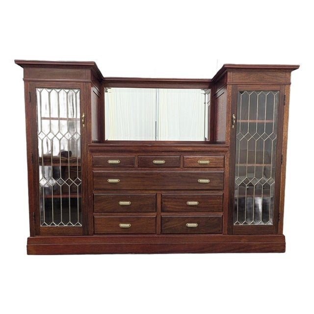 Solid Mahogany Entertainment Wall Unit With Leaded Glass Display Cabinets and 8 Drawers For Sale