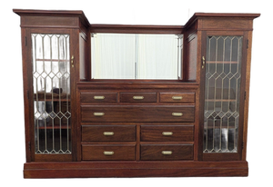 Solid Mahogany Entertainment Wall Unit With Leaded Glass Display Cabinets and 8 Drawers