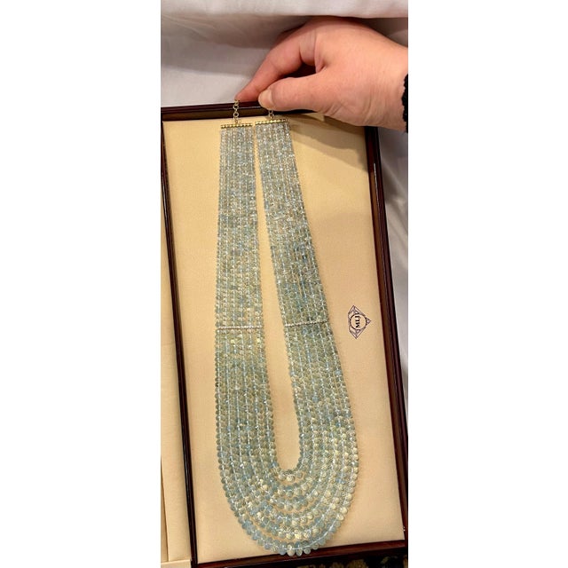 1100 Ct 6 Layer Natural Aquamarine Bead Necklace 14 Kt Gold and Diamond Necklace For Sale - Image 13 of 18