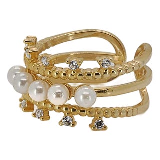 Cleopatra Pearl & Diamond Gold Adjustable Ring, Size 5 For Sale