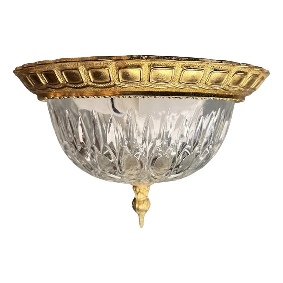 Vintage Brass and Cut Glass Ceiling Lamp For Sale