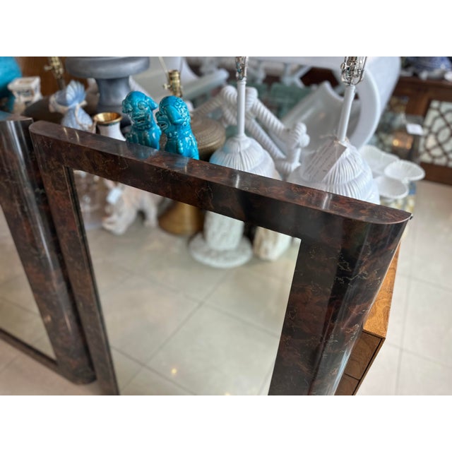 Milo Baughman Vintage Pair of Mid Century Modern Dark Burl Wood Laminate Wall Mirrors For Sale - Image 4 of 12