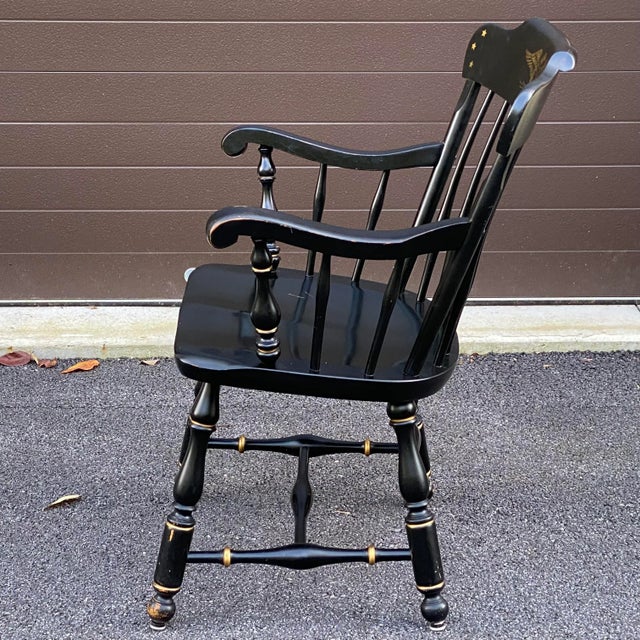 American Vintage Ethan Allen Early American Black & Gold Stenciled Armchair Hitchcock Style For Sale - Image 3 of 12