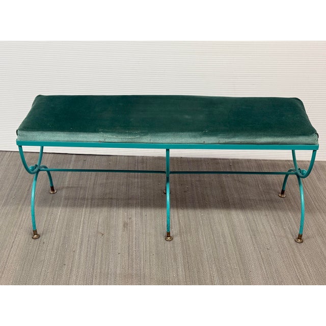 Design Plus Gallery presents a Vintage Hollywood Regency Style Bench. The bench is constructed with a green painted metal...