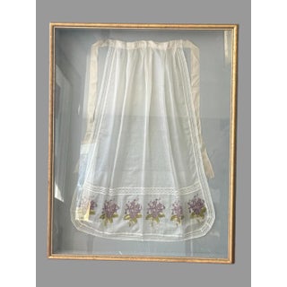 Vintage Hand Embroidered Lilac Apron Shadow Box Framed Cottage Wall Decor For Sale