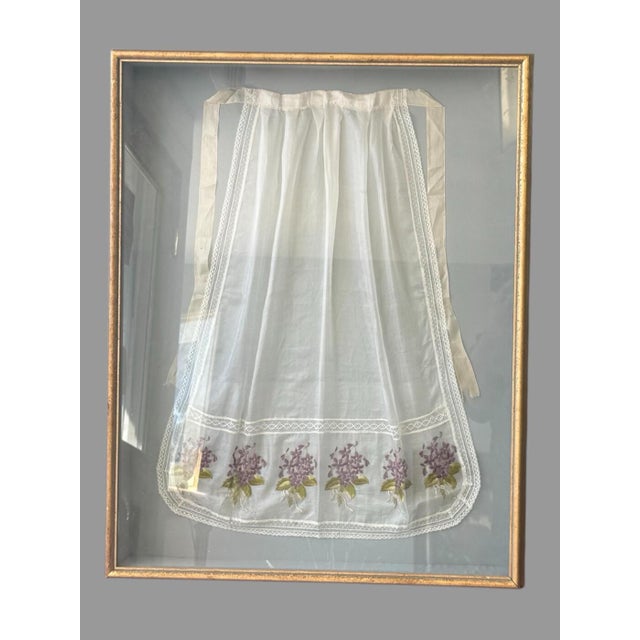 Vintage Hand Embroidered Lilac Apron Shadow Box Framed Cottage Wall Decor For Sale
