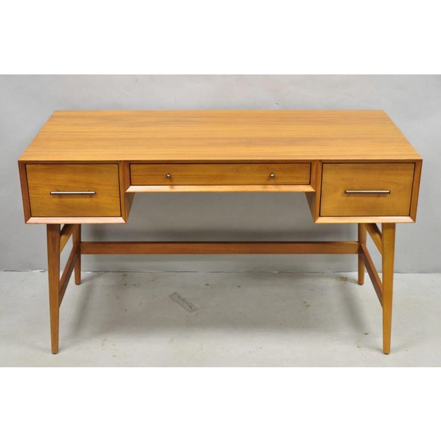 West Elm Williams Sonoma Mid Century Modern Acacia Teak Wood Style Writing Desk (B). Circa 21st Century, Pre-owned....