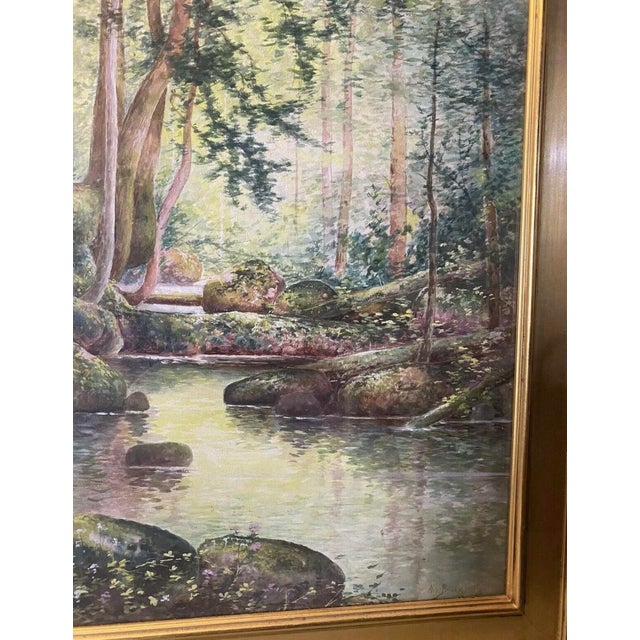 Mid 20th Century Arts & Crafts Style Watercolor Painting of Forest & Stream Landscape Signed, Framed For Sale - Image 6 of 10