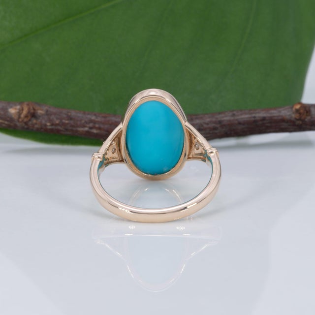 Blue 5.5Ct Sleeping Beauty Turquoise Ring With Earth Mined Diamonds in Solid 14k Gold, Size 6.75 For Sale - Image 8 of 9