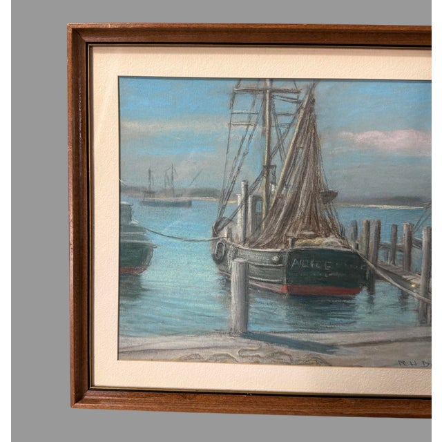 Vintage Dockside Landscape Framed Pastel Watercolor Painting w Backside of Boat In very good original condition showing...