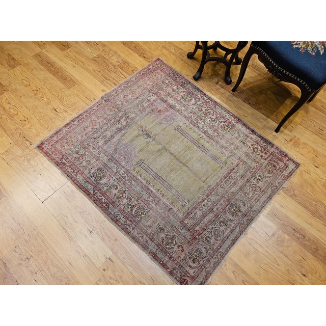 Early 20th Century Late 19th Century Turkish Prayer Rug, Handwoven Wool, Pale Yellow, 4' x 4' For Sale - Image 5 of 16