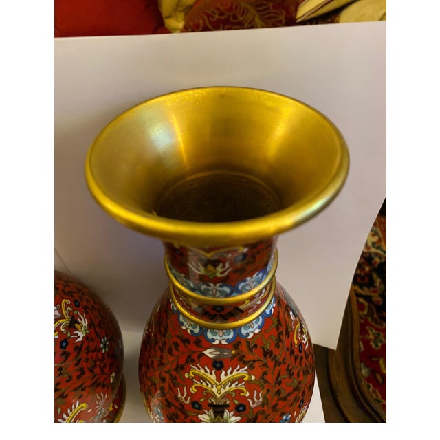 Metal Pair of Gilt and Cloisonné Enamel Vases For Sale - Image 7 of 9