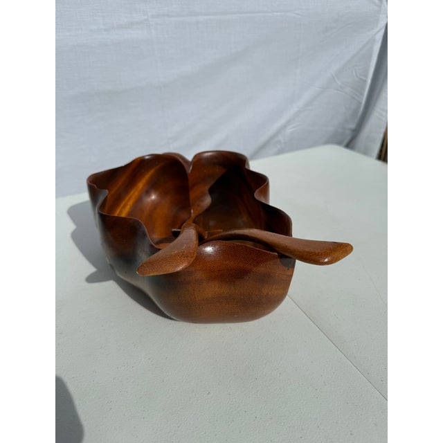 Vintage Teak Oak Leaf Salad Bowl With Tongs For Sale - Image 9 of 11