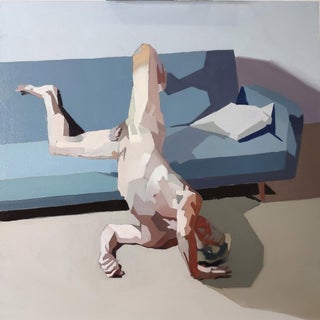 Untitled II by Ale Casanova | Oil on canvas depicting a figure in a contorted pose on a couch. For Sale