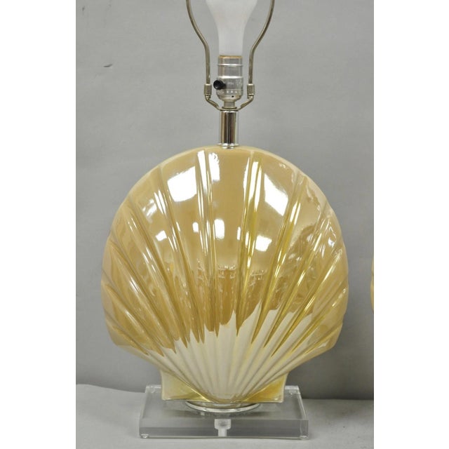 Late 20th Century Late 20th Century Mid Century Modern Iridescent Gold Ceramic Pottery Clam Shell Table Lamp - Pair For Sale - Image 5 of 15