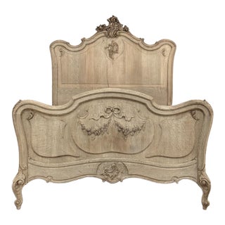 Antique Louis XV Style Stripped Oak Hand-Carved Bed For Sale