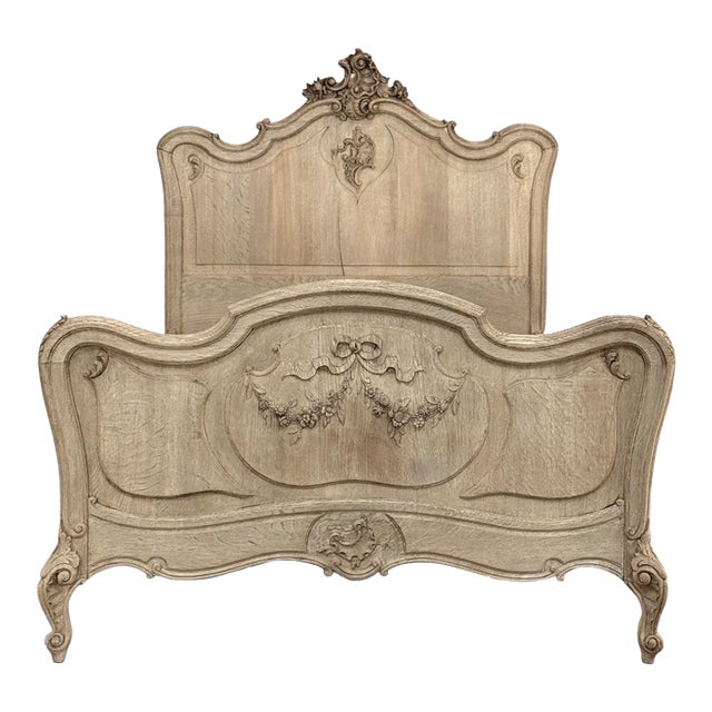 Antique Louis XV Style Stripped Oak Hand-Carved Bed For Sale