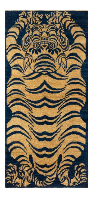 Handknotted Wavy Tiger Rug, Navy and Gold - 3'x6'