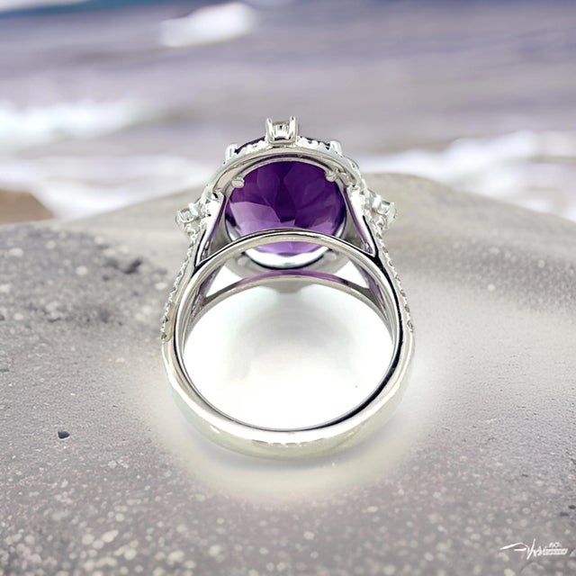 Metal Natural Amethyst Diamond Ring Size 6.5, 14k Gold 8.83 TCW Certified For Sale - Image 7 of 11