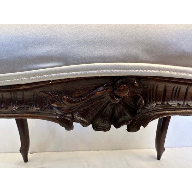 Carved Mahogany Bench With Grey Silk Upholstery For Sale - Image 4 of 11