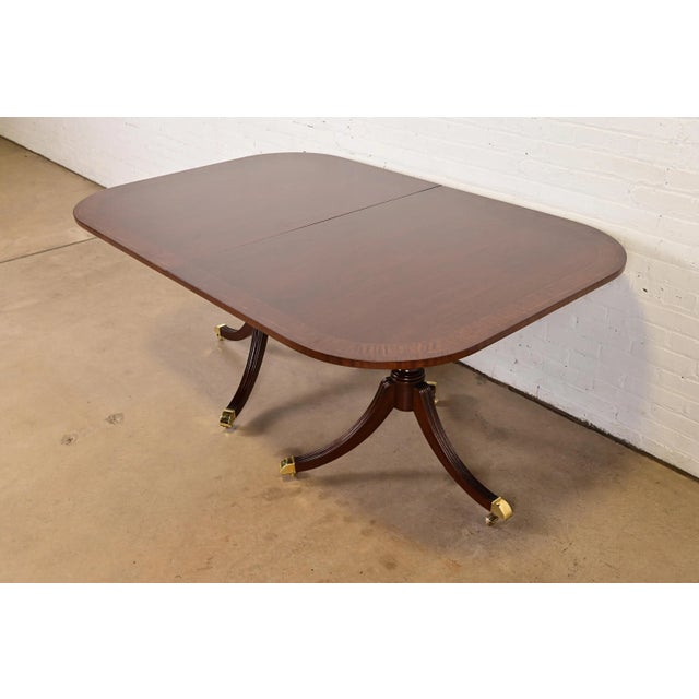 Brown Councill Furniture Georgian Banded Mahogany Double Pedestal Extension Dining Table, Newly Refinished For Sale - Image 8 of 14